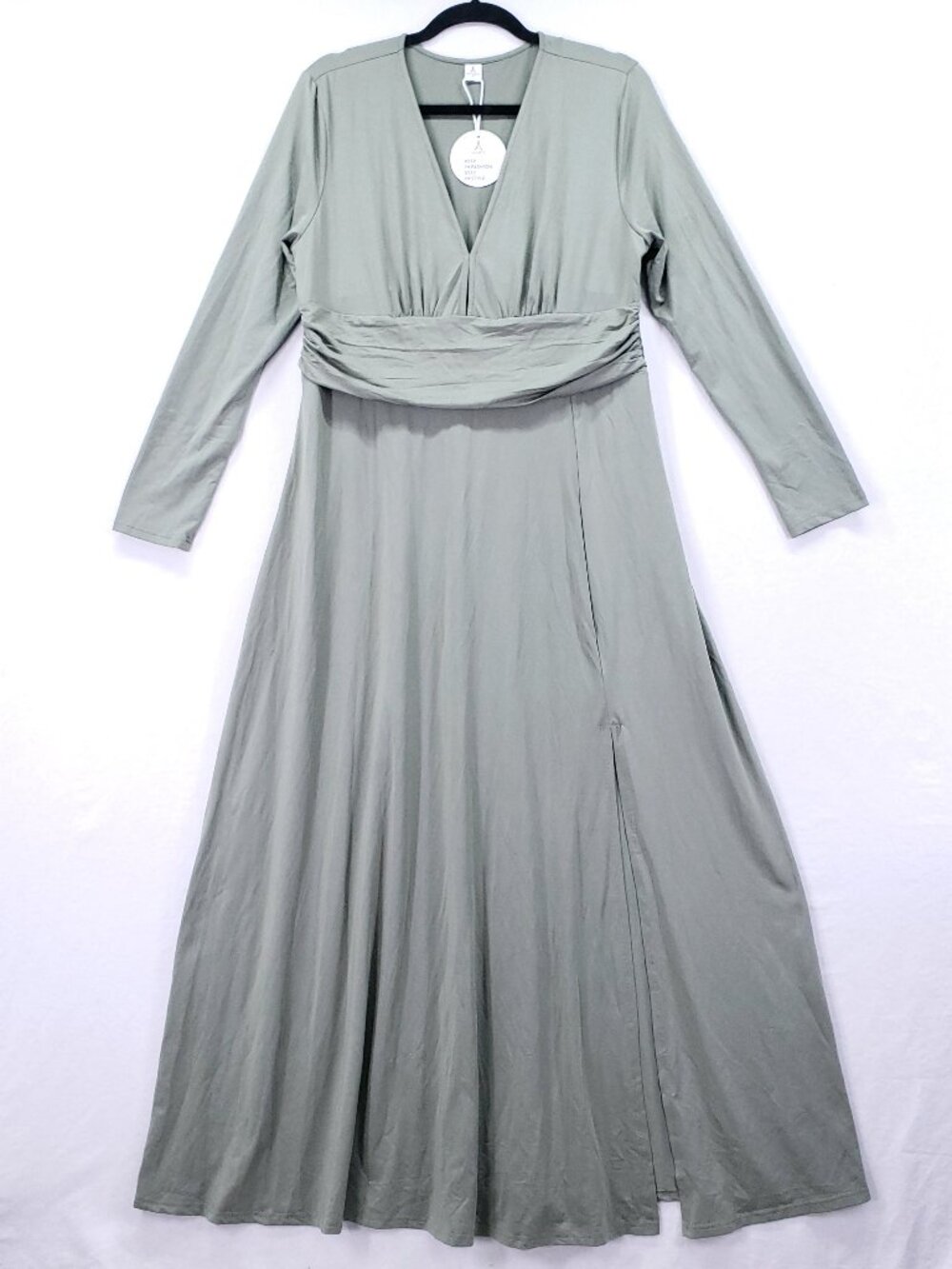 ANRABESS NWT Summer Maxi Dress Sz XL Green Long Sleeve Deep V-Neck Ruched Slit